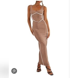 Elegant Tan Maxi Dress with White Accents
